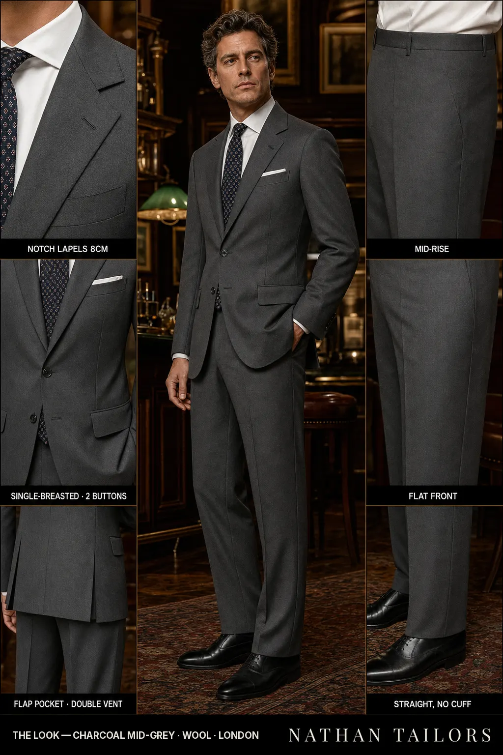 charcoal mid-grey single-breasted notch-lapel bespoke suit — AI-rendered by Nathan Tailors, the Hoi An custom tailor. Available as a custom tailored suit from $149.