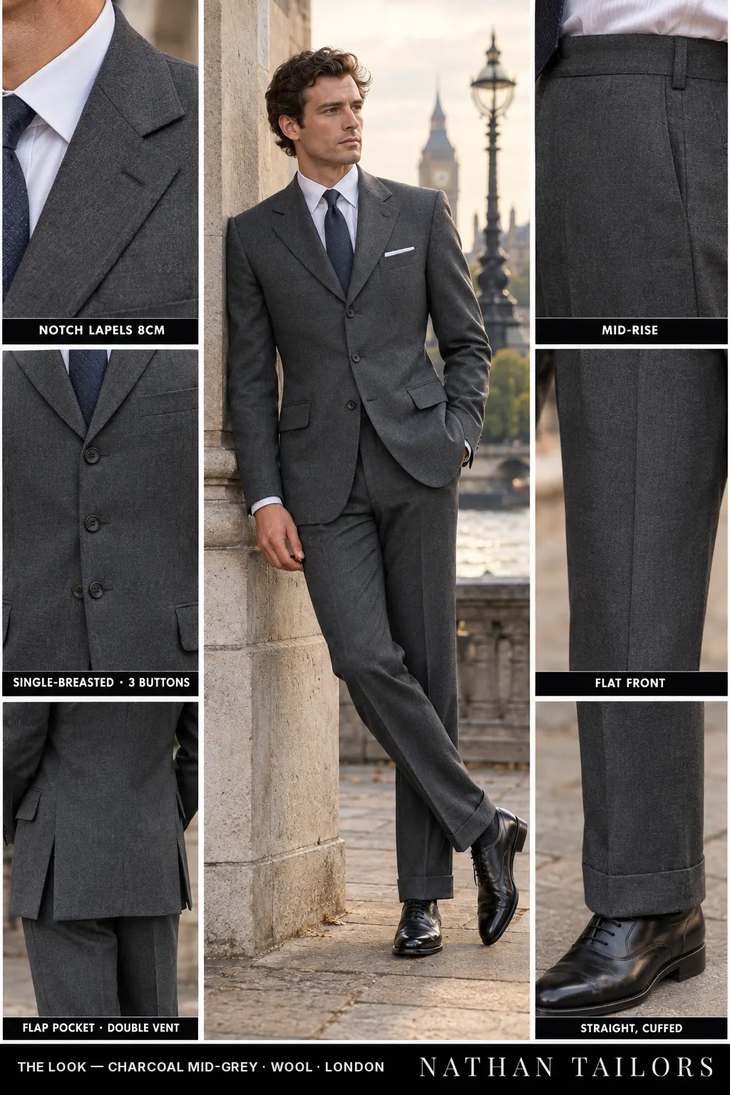 charcoal mid-grey single-breasted notch-lapel bespoke suit โ AI-rendered by Nathan Tailors, the Hoi An custom tailor. Available as a custom tailored suit from $149.