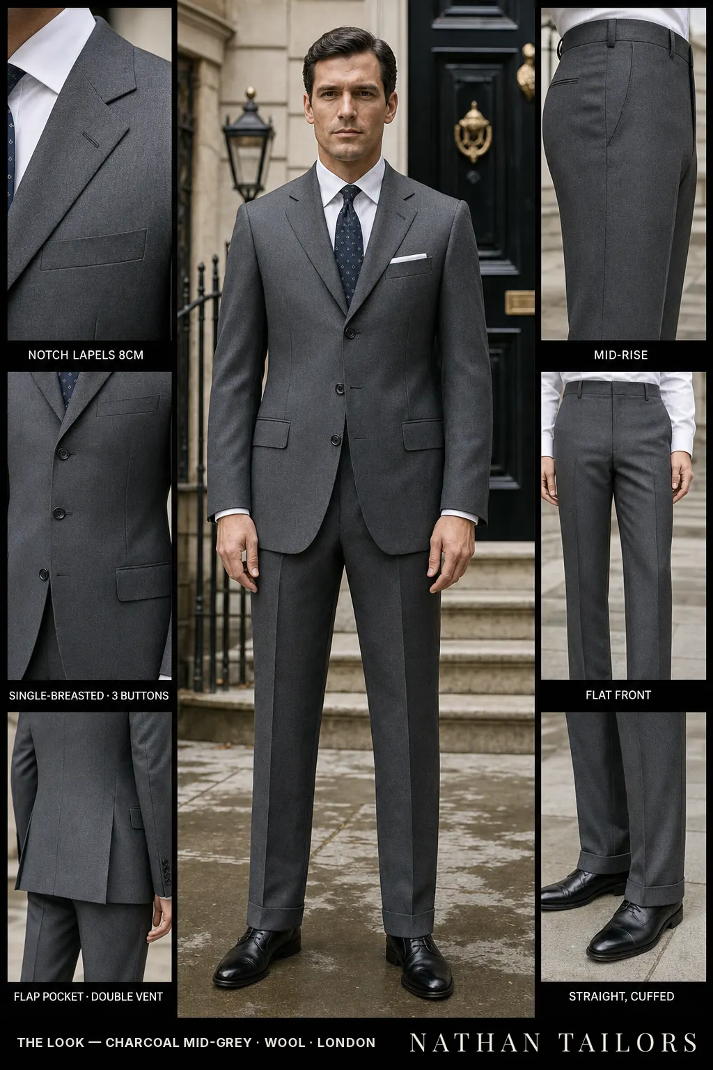 charcoal mid-grey single-breasted notch-lapel bespoke suit — AI-rendered by Nathan Tailors, the Hoi An custom tailor. Available as a custom tailored suit from $149.