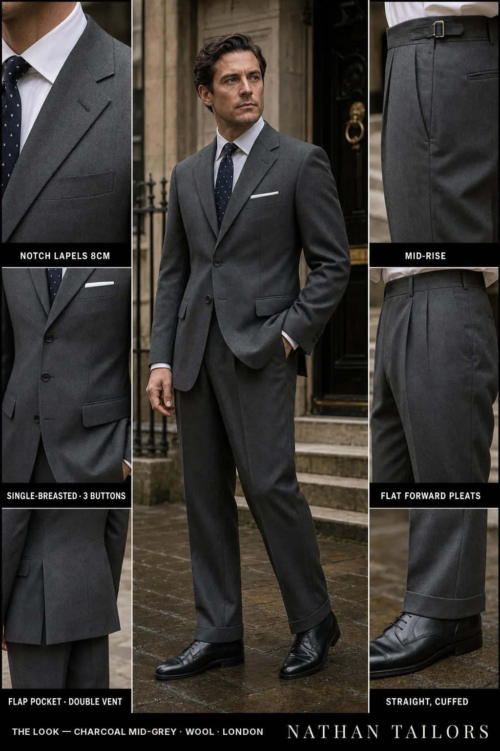 charcoal mid-grey single-breasted notch-lapel bespoke suit — AI-rendered by Nathan Tailors, the Hoi An custom tailor. Available as a custom tailored suit from $149.