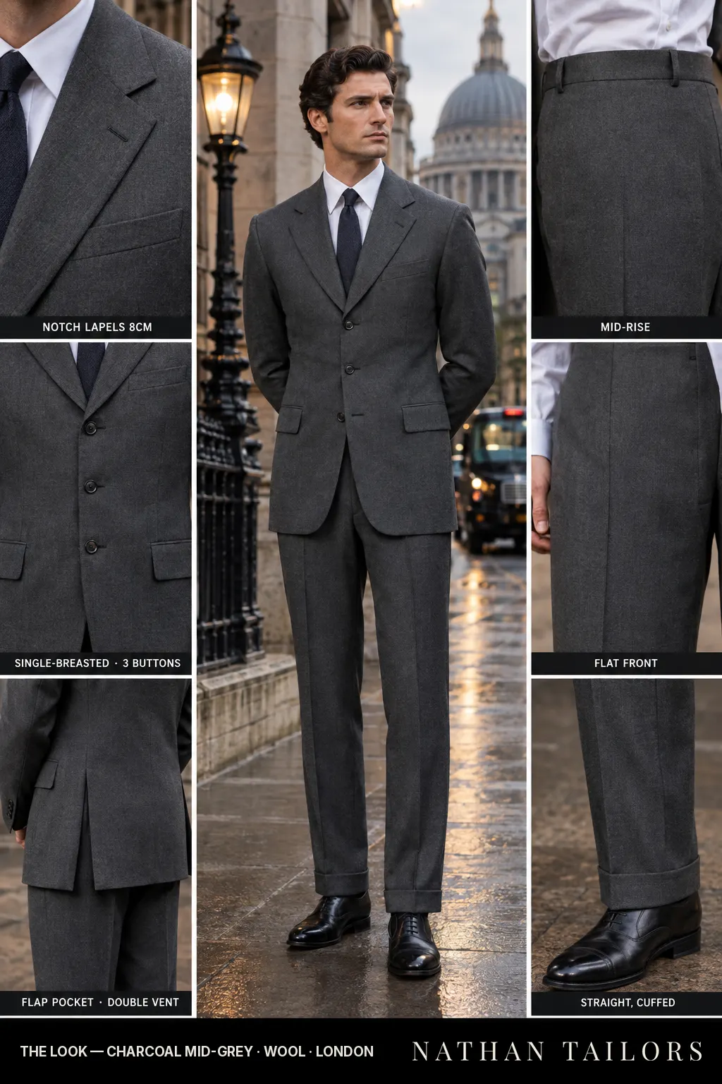 charcoal mid-grey single-breasted bespoke suit โ custom tailored by Nathan Tailors, the Hoi An custom tailor