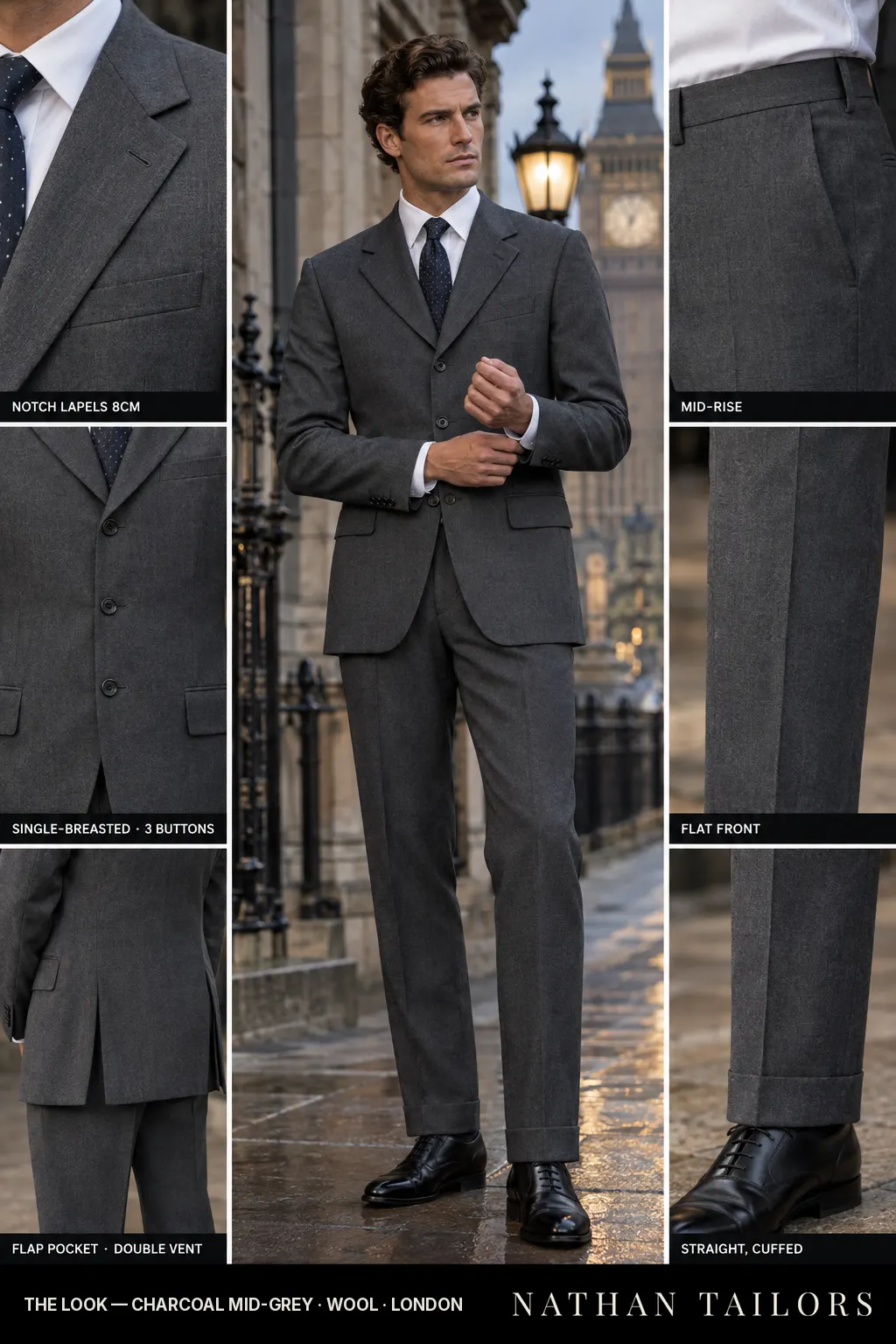 charcoal mid-grey single-breasted bespoke suit โ custom tailored by Nathan Tailors, the Hoi An custom tailor