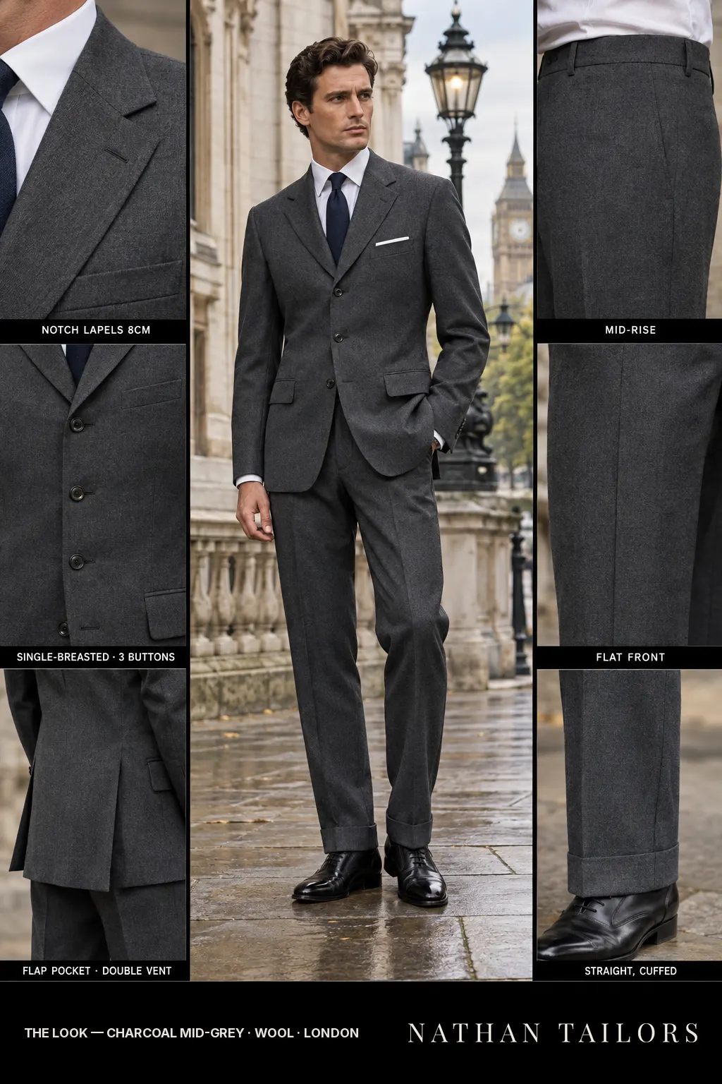 charcoal mid-grey single-breasted bespoke suit โ custom tailored by Nathan Tailors, the Hoi An custom tailor