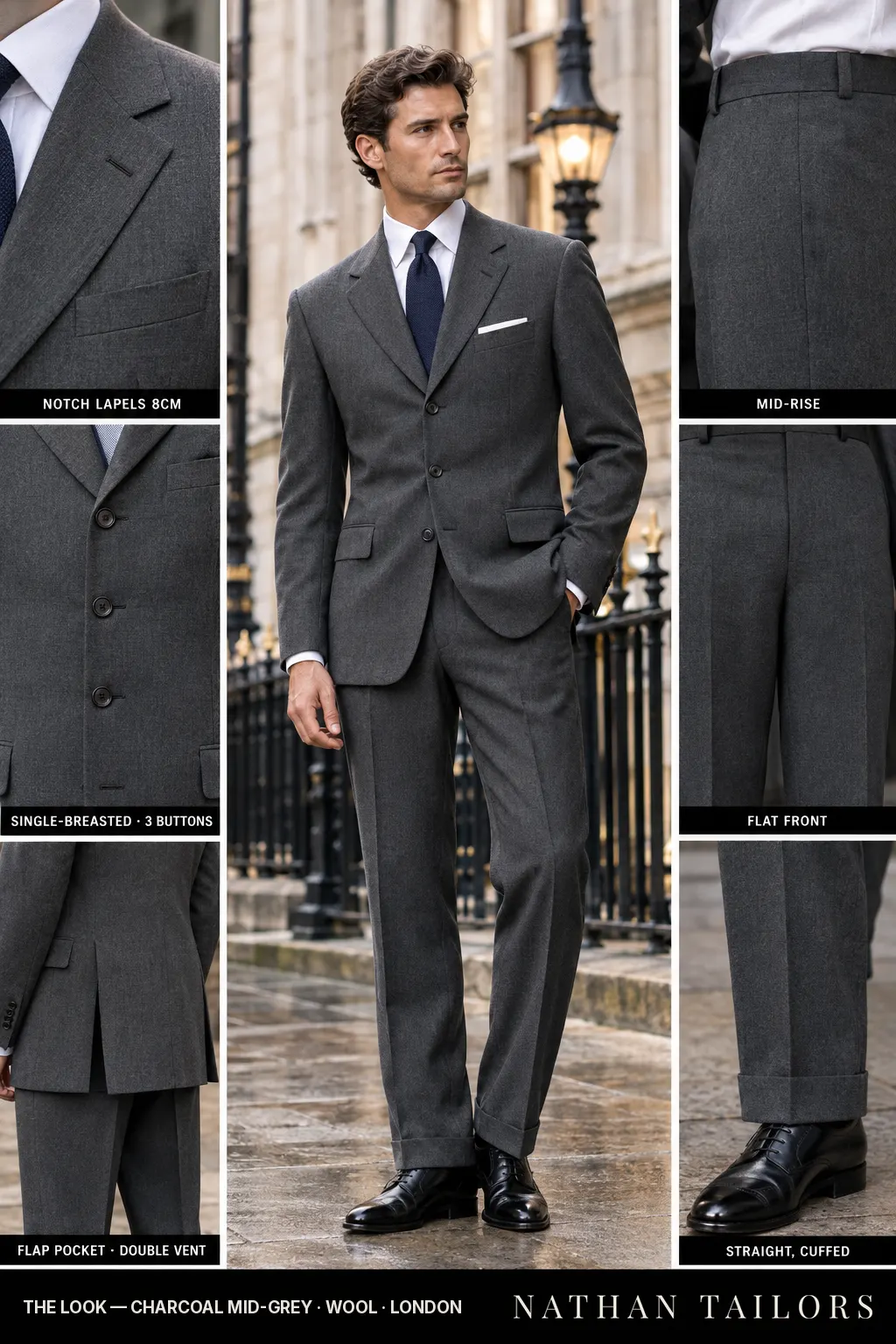 charcoal mid-grey single-breasted bespoke suit — custom tailored by Nathan Tailors, the Hoi An custom tailor
