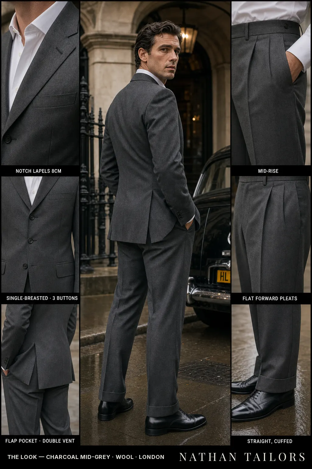 charcoal mid-grey single-breasted notch-lapel bespoke suit — AI-rendered by Nathan Tailors, the Hoi An custom tailor. Available as a custom tailored suit from $149.