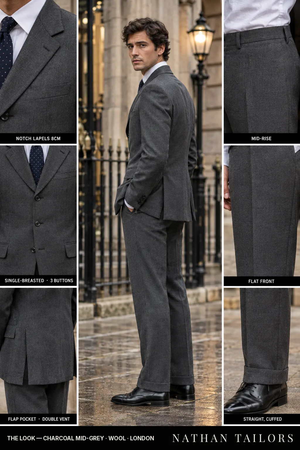charcoal mid-grey single-breasted bespoke suit โ custom tailored by Nathan Tailors, the Hoi An custom tailor