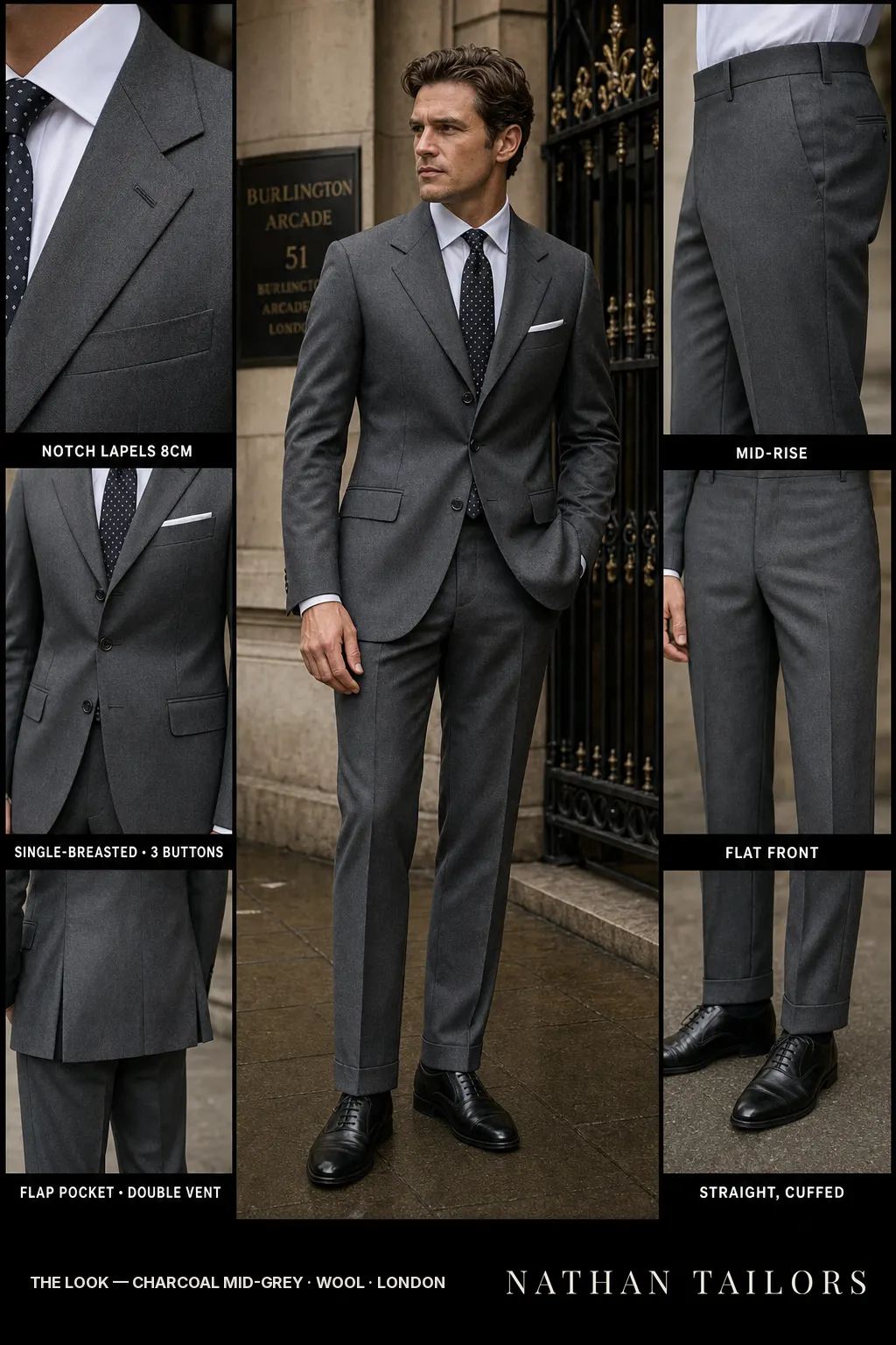 charcoal mid-grey single-breasted notch-lapel bespoke suit — AI-rendered by Nathan Tailors, the Hoi An custom tailor. Available as a custom tailored suit from $149.