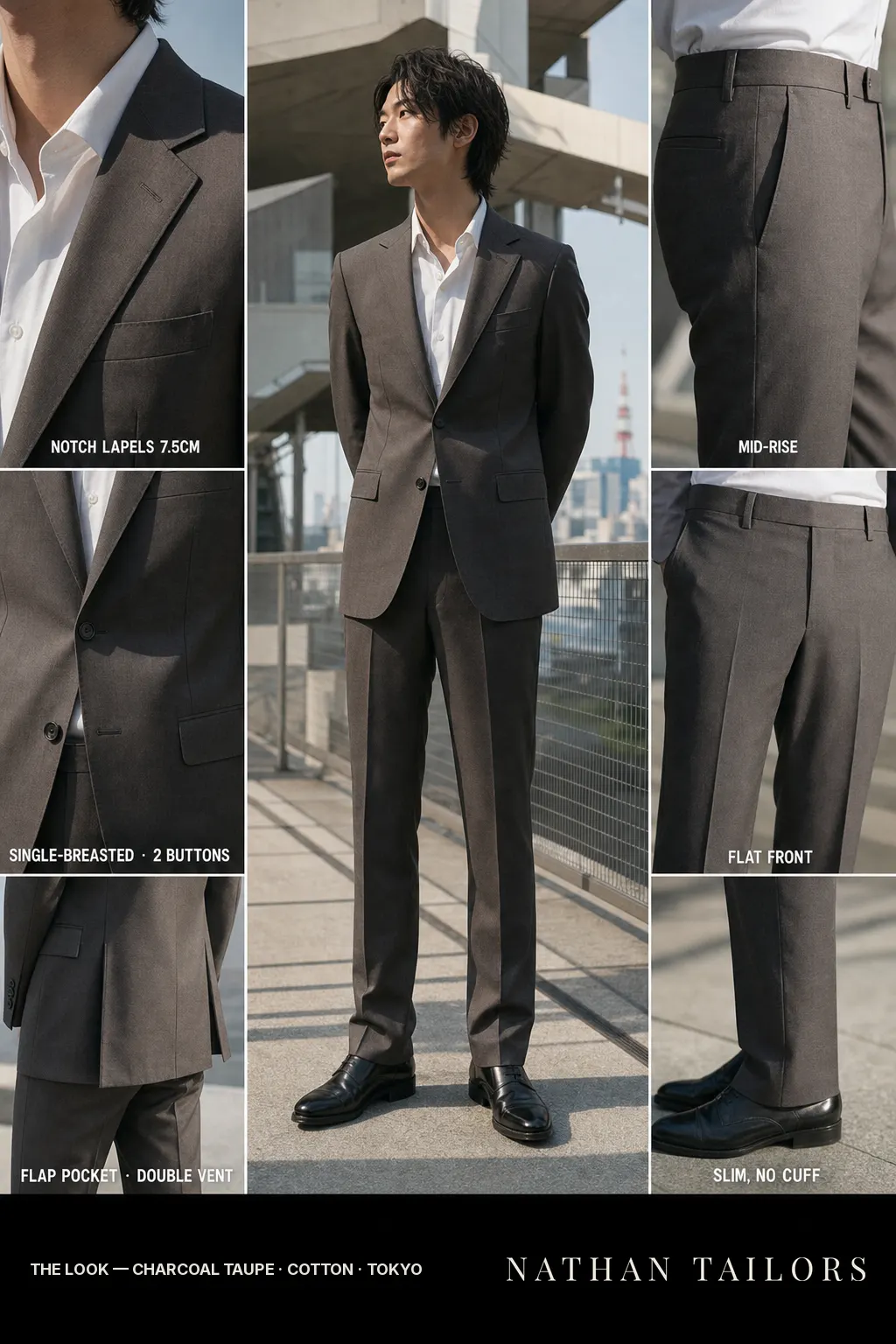 charcoal taupe single-breasted notch-lapel bespoke suit — AI-rendered by Nathan Tailors, the Hoi An custom tailor. Available as a custom tailored suit from $149.