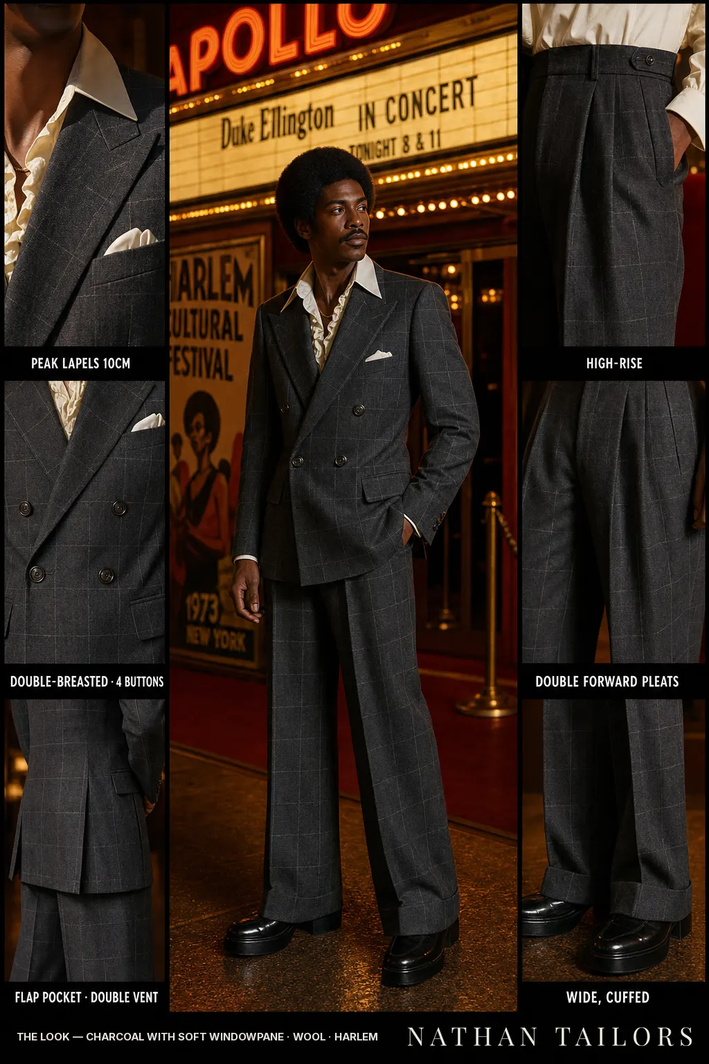 charcoal with soft windowpane windowpane double-breasted peak-lapel bespoke suit — AI-rendered by Nathan Tailors, the Hoi An custom tailor. Available as a custom tailored suit from $149.