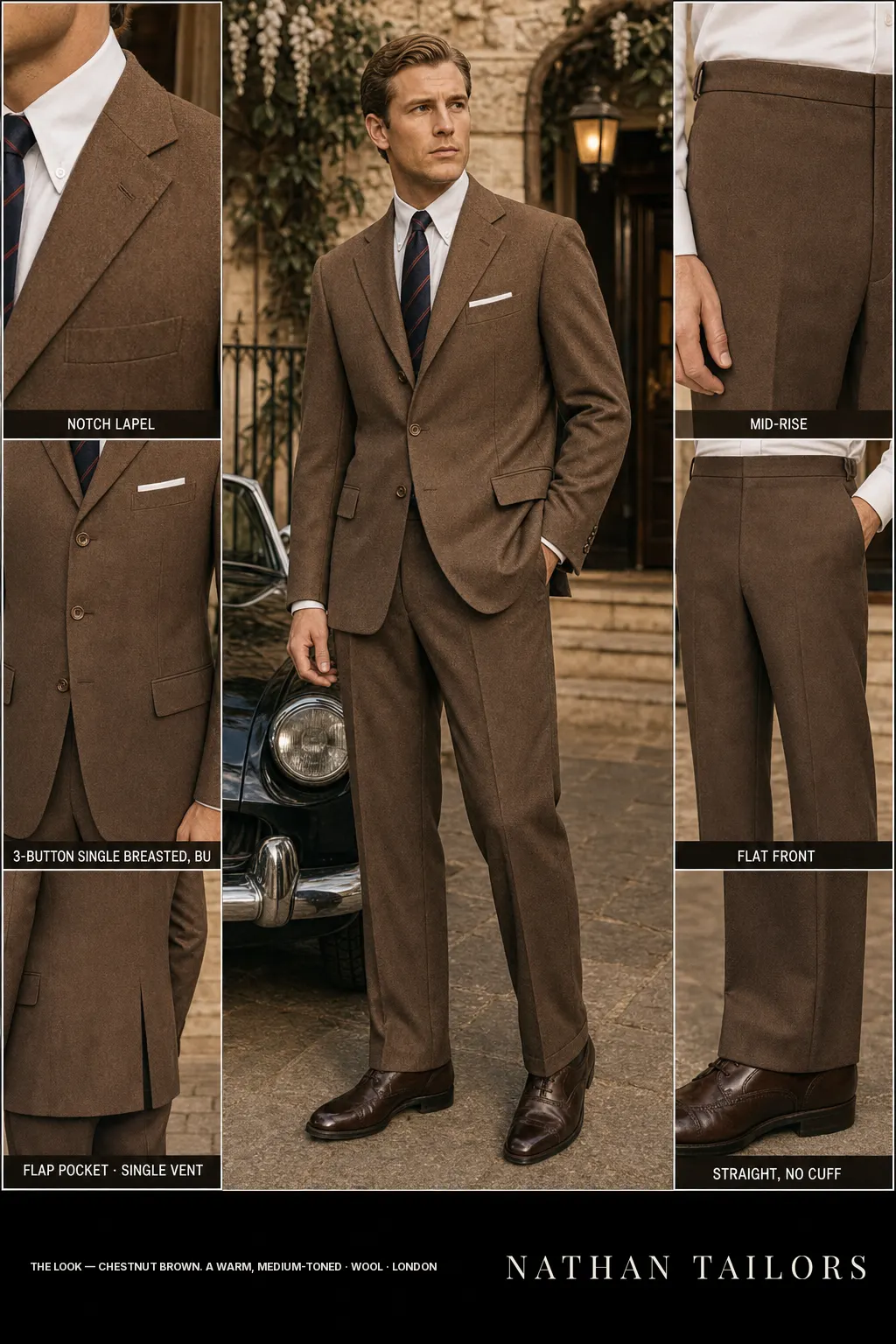 chestnut brown. a warm, medium-toned single-breasted notch-lapel bespoke suit — AI-rendered by Nathan Tailors, the Hoi An custom tailor. Available as a custom tailored suit from $149.