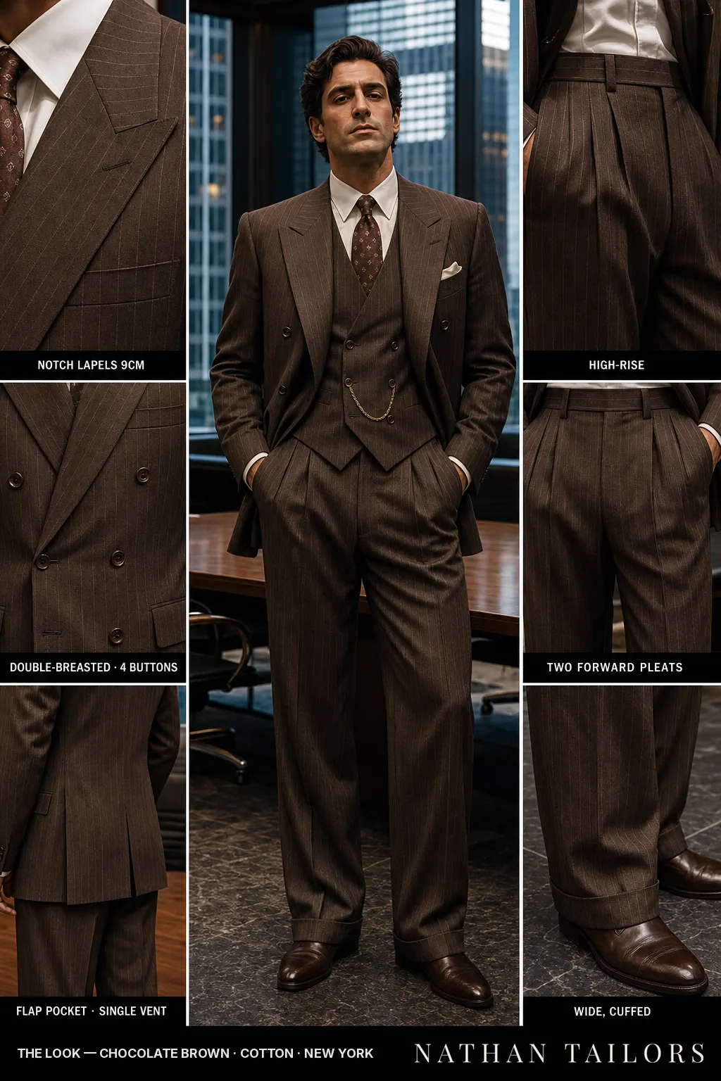 chocolate brown chalk stripe double-breasted notch-lapel bespoke suit — AI-rendered by Nathan Tailors, the Hoi An custom tailor. Available as a custom tailored suit from $149.