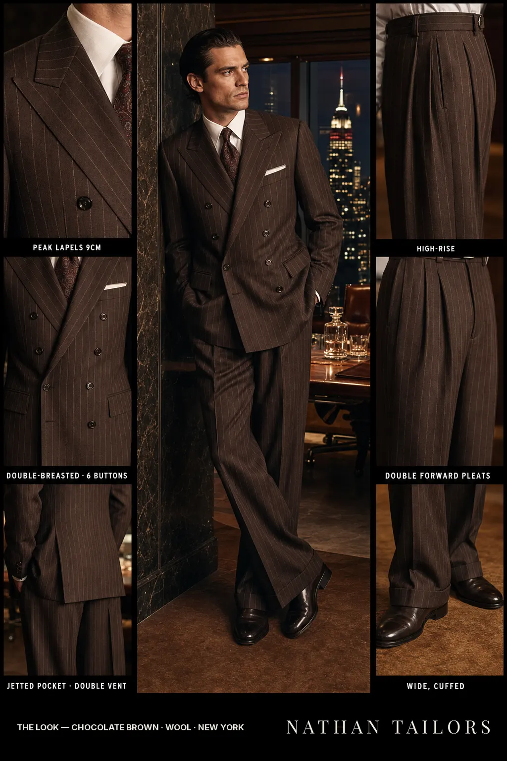 chocolate brown chalk stripe double-breasted peak-lapel bespoke suit โ AI-rendered by Nathan Tailors, the Hoi An custom tailor. Available as a custom tailored suit from $149.