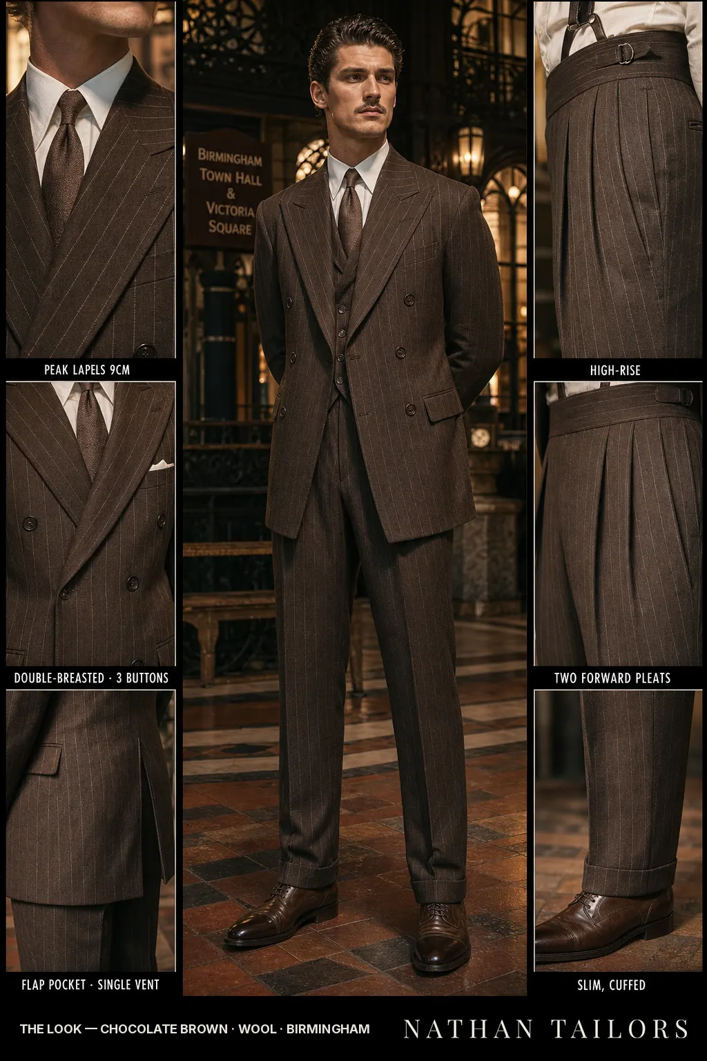 chocolate brown chalk stripe double-breasted peak-lapel bespoke suit — AI-rendered by Nathan Tailors, the Hoi An custom tailor. Available as a custom tailored suit from $149.