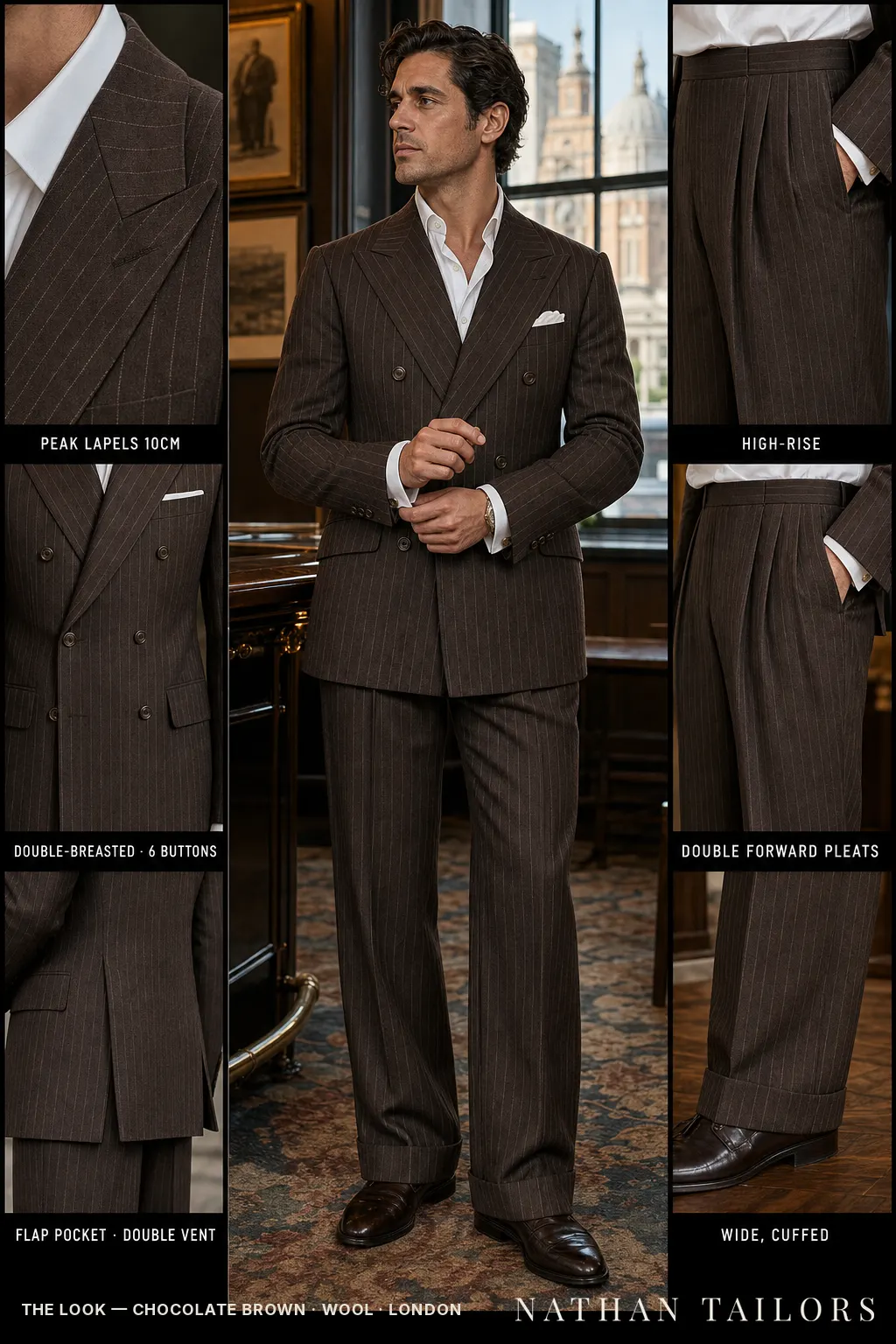 chocolate brown chalk stripe double-breasted peak-lapel bespoke suit — AI-rendered by Nathan Tailors, the Hoi An custom tailor. Available as a custom tailored suit from $149.