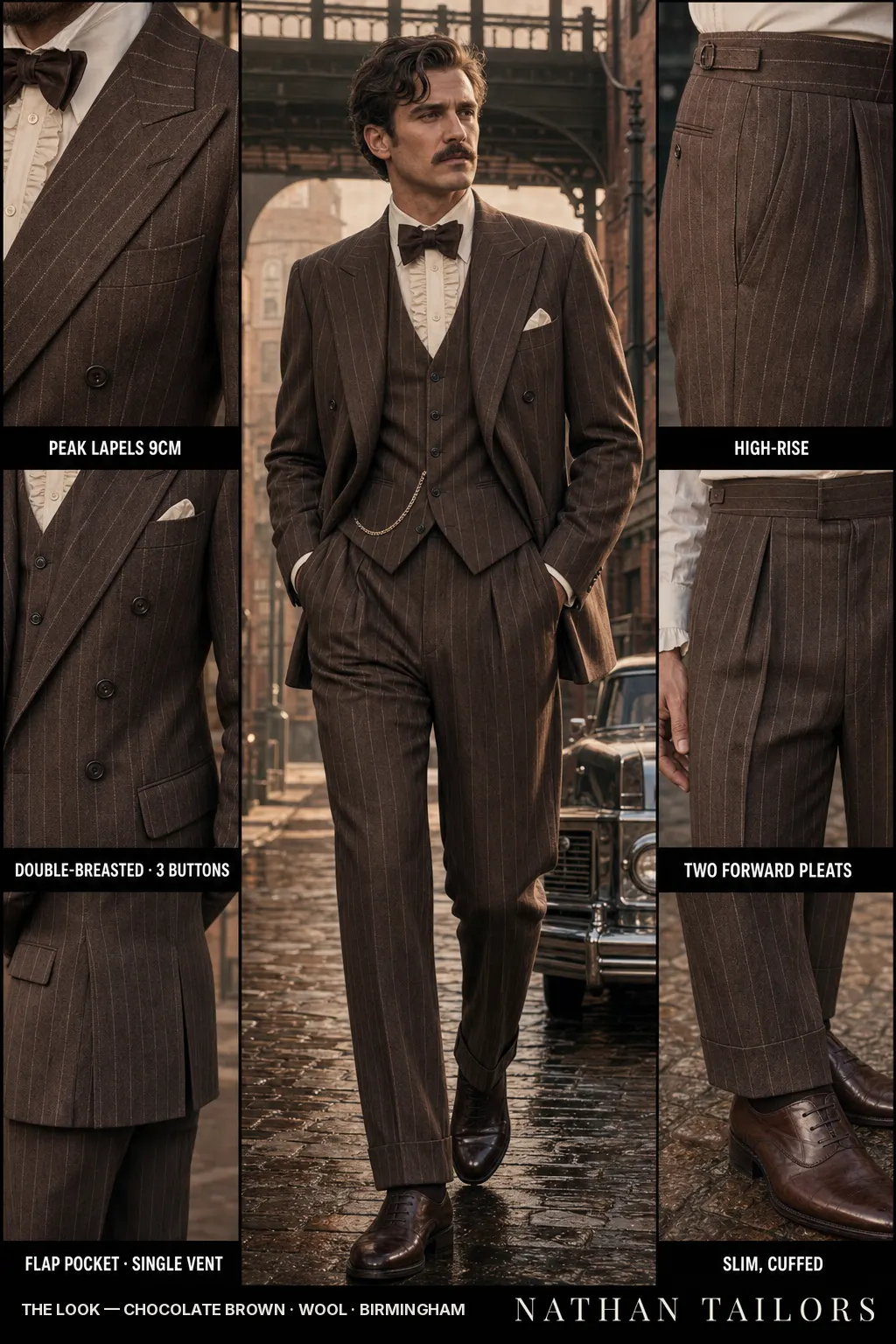 chocolate brown chalk stripe double-breasted peak-lapel bespoke suit — AI-rendered by Nathan Tailors, the Hoi An custom tailor. Available as a custom tailored suit from $149.