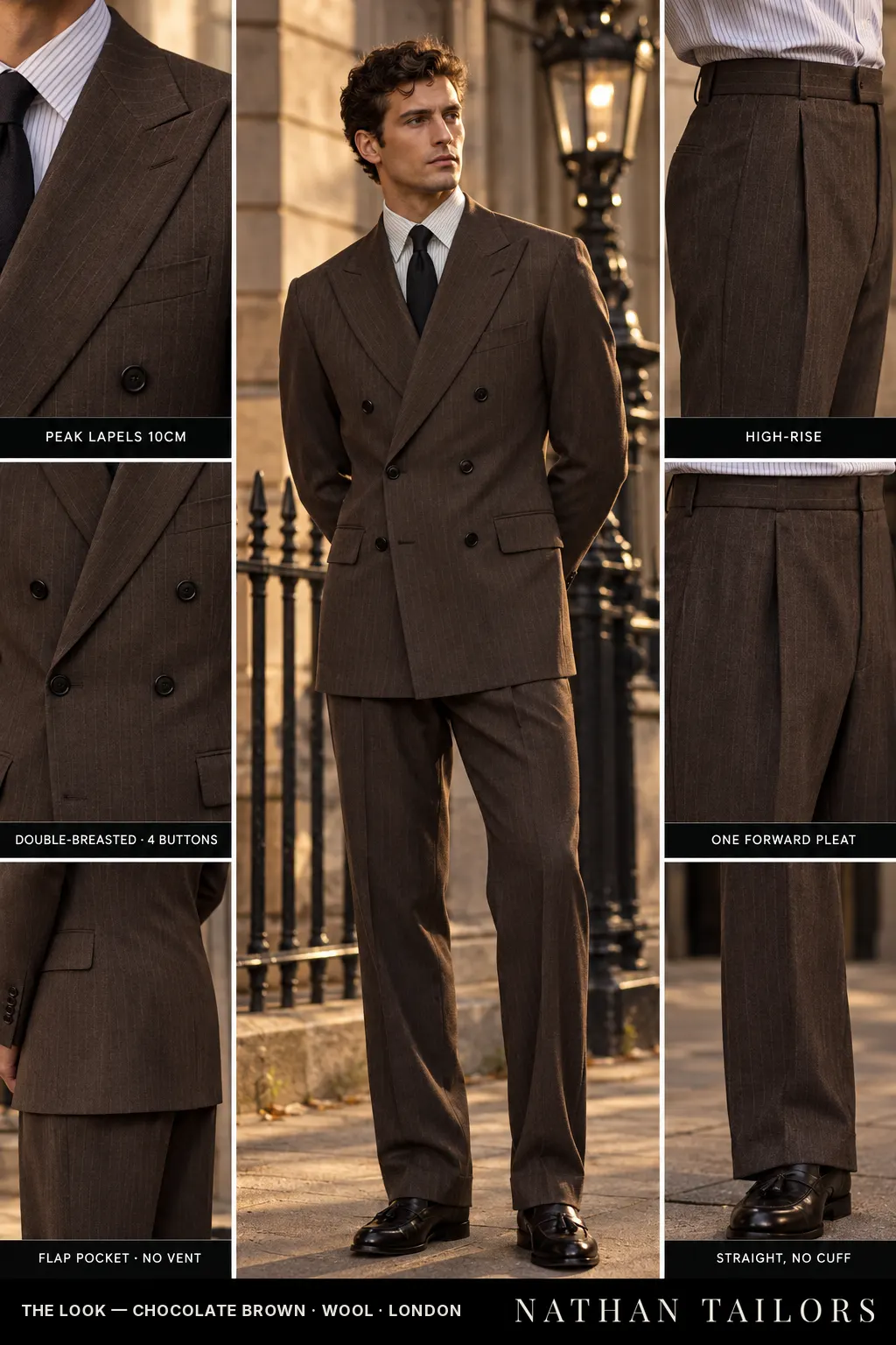 chocolate brown chalk stripe double-breasted peak-lapel bespoke suit โ AI-rendered by Nathan Tailors, the Hoi An custom tailor. Available as a custom tailored suit from $149.