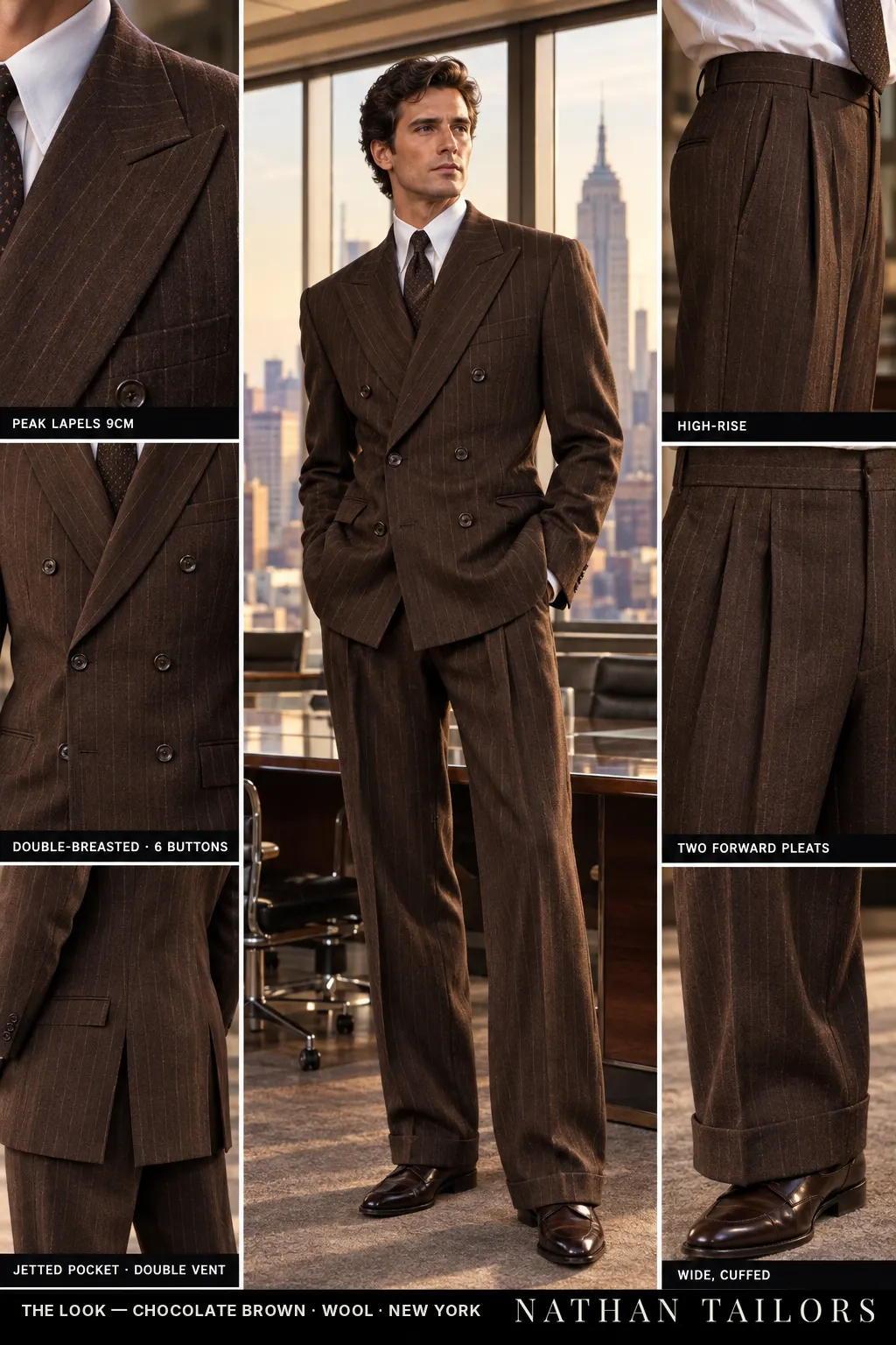 chocolate brown chalk_stripe double-breasted bespoke suit โ custom tailored by Nathan Tailors, the Hoi An custom tailor