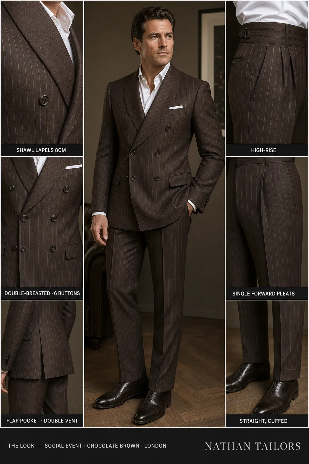 chocolate brown chalk stripe double-breasted shawl-lapel bespoke suit — AI-rendered by Nathan Tailors, the Hoi An custom tailor. Available as a custom tailored suit from $149.