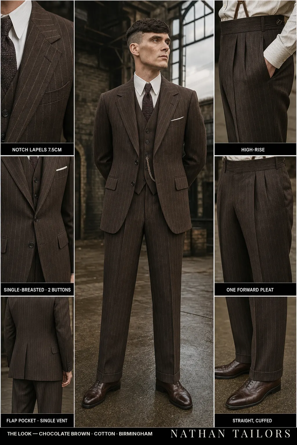 chocolate brown chalk stripe single-breasted notch-lapel bespoke suit — AI-rendered by Nathan Tailors, the Hoi An custom tailor. Available as a custom tailored suit from $149.