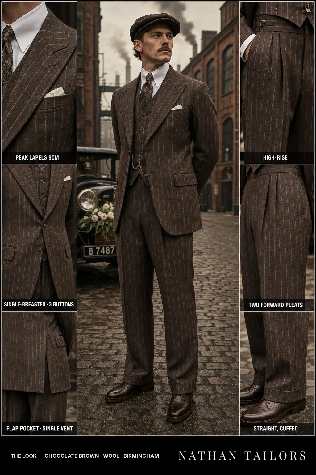 chocolate brown chalk stripe single-breasted peak-lapel bespoke suit — AI-rendered by Nathan Tailors, the Hoi An custom tailor. Available as a custom tailored suit from $149.