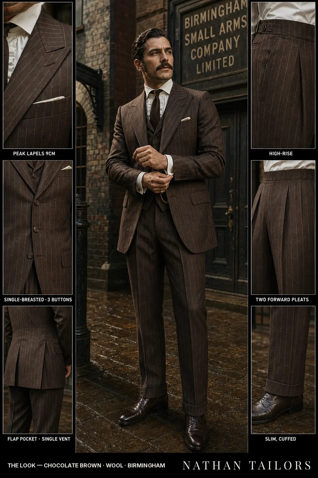 chocolate brown chalk stripe single-breasted peak-lapel bespoke suit — AI-rendered by Nathan Tailors, the Hoi An custom tailor. Available as a custom tailored suit from $149.