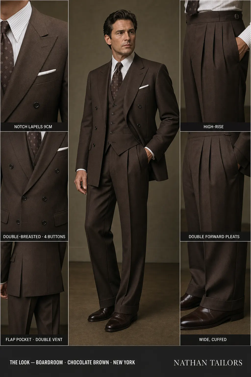 chocolate brown double-breasted notch-lapel bespoke suit — AI-rendered by Nathan Tailors, the Hoi An custom tailor. Available as a custom tailored suit from $149.