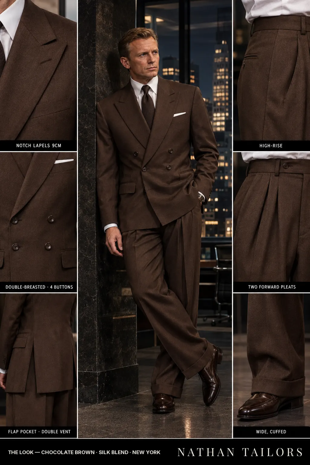 chocolate brown double-breasted bespoke suit โ custom tailored by Nathan Tailors, the Hoi An custom tailor