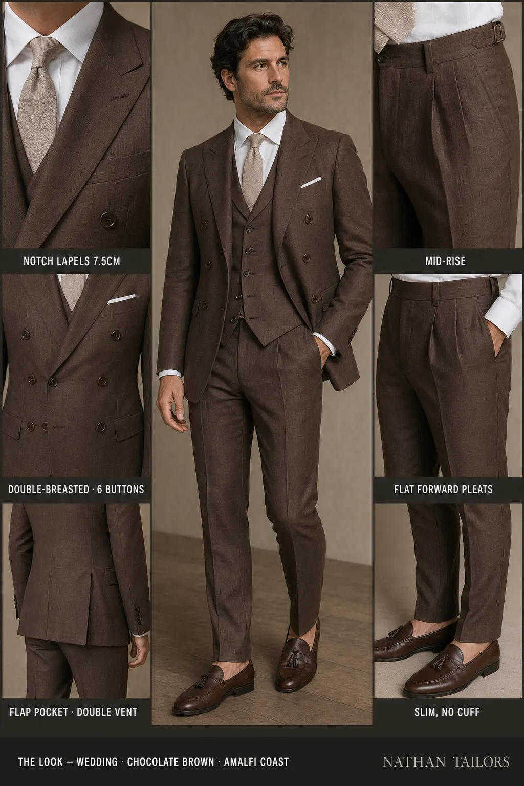 chocolate brown double-breasted notch-lapel bespoke suit — AI-rendered by Nathan Tailors, the Hoi An custom tailor. Available as a custom tailored suit from $149.