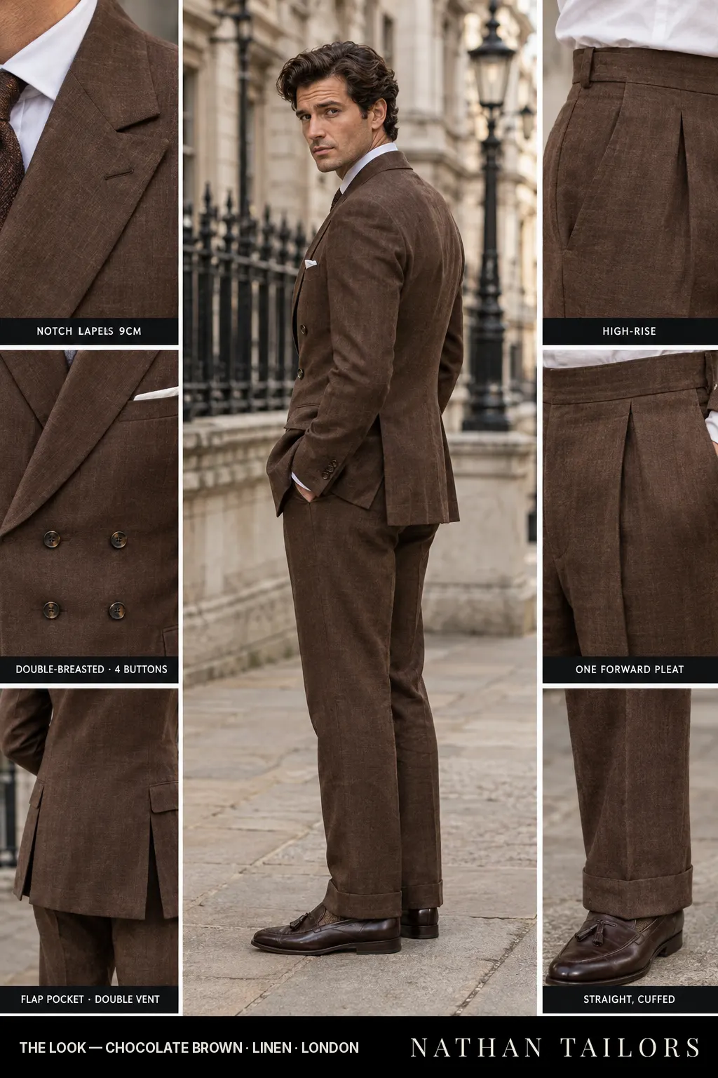 chocolate brown double-breasted bespoke suit — custom tailored by Nathan Tailors, the Hoi An custom tailor