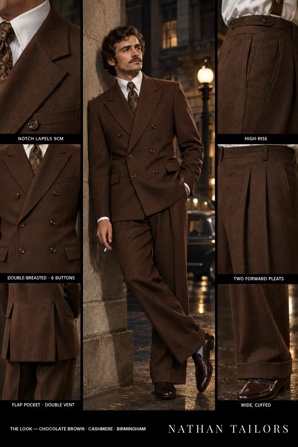 chocolate brown double-breasted notch-lapel bespoke suit — AI-rendered by Nathan Tailors, the Hoi An custom tailor. Available as a custom tailored suit from $149.