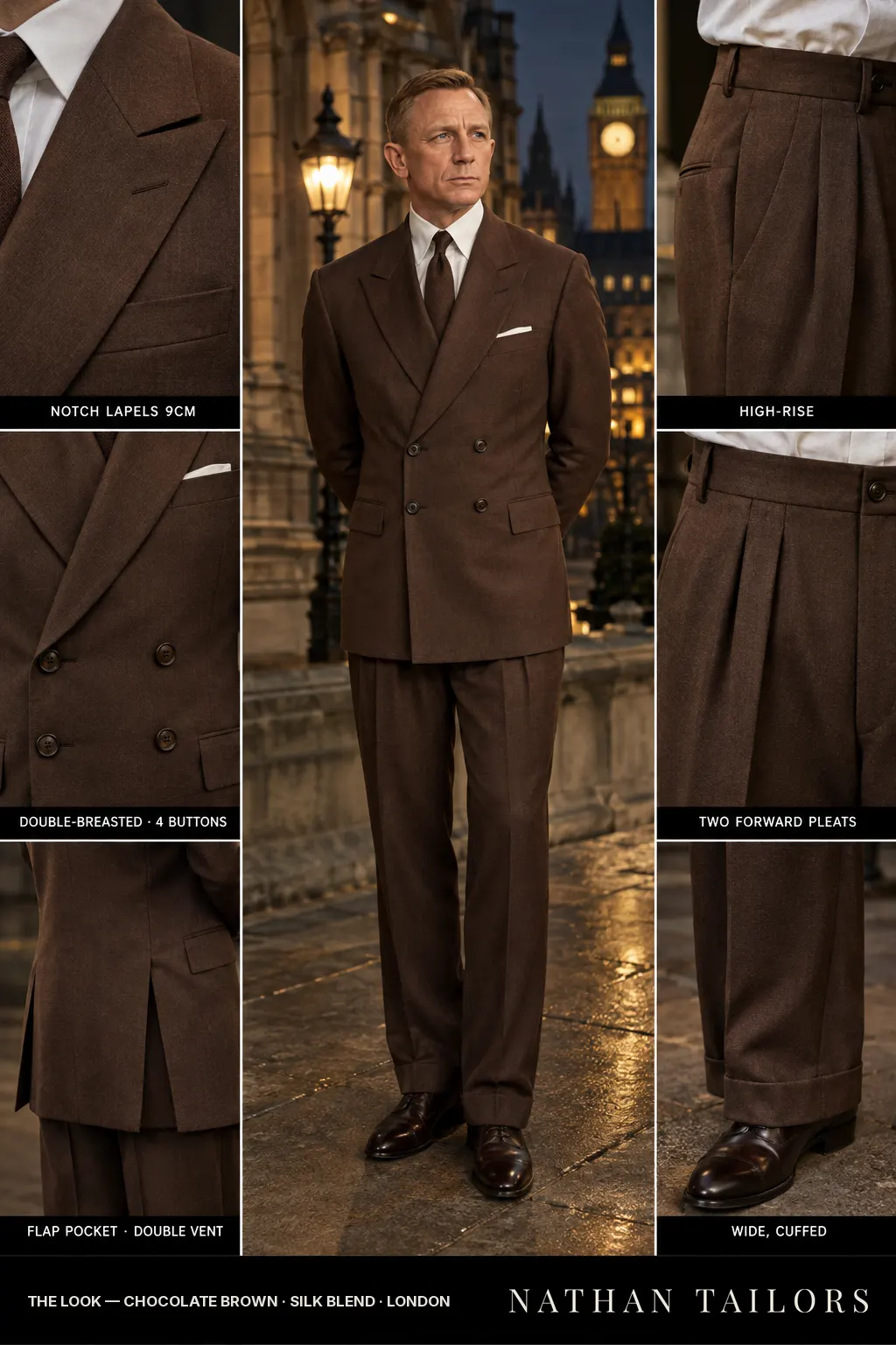 chocolate brown double-breasted notch-lapel bespoke suit โ AI-rendered by Nathan Tailors, the Hoi An custom tailor. Available as a custom tailored suit from $149.