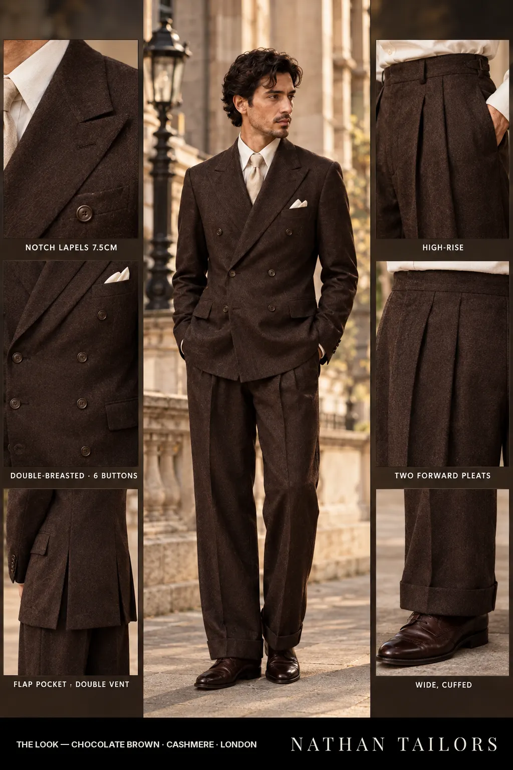 chocolate brown double-breasted bespoke suit — custom tailored by Nathan Tailors, the Hoi An custom tailor