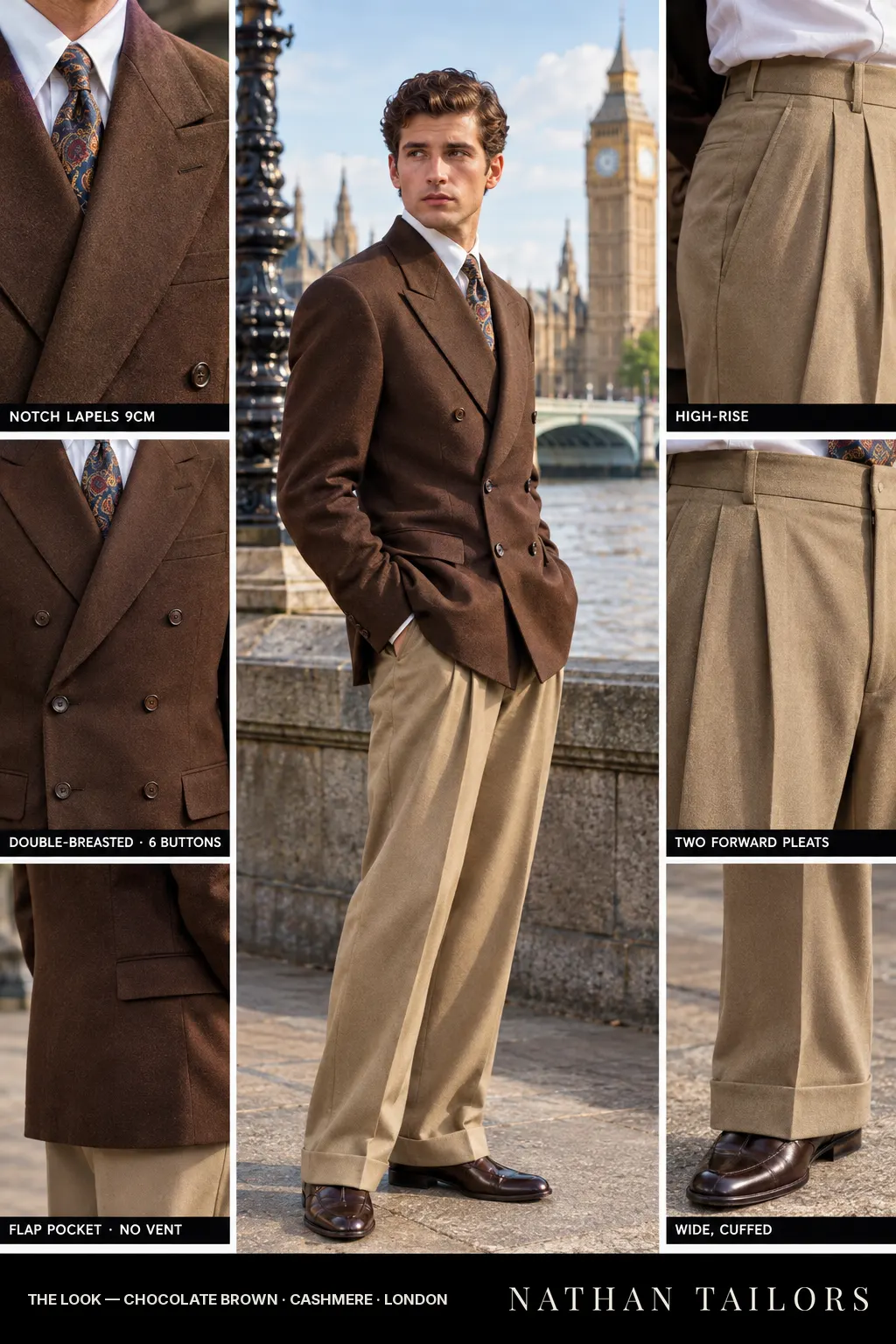 chocolate brown double-breasted notch-lapel bespoke suit — AI-rendered by Nathan Tailors, the Hoi An custom tailor. Available as a custom tailored suit from $149.