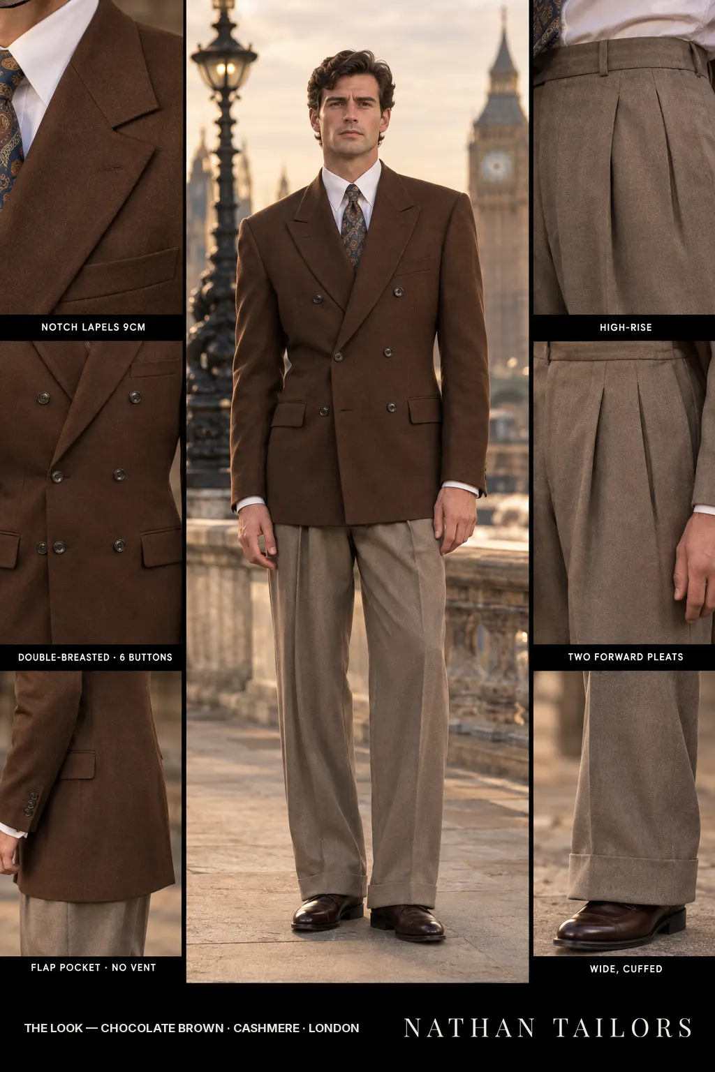 chocolate brown double-breasted bespoke suit — custom tailored by Nathan Tailors, the Hoi An custom tailor