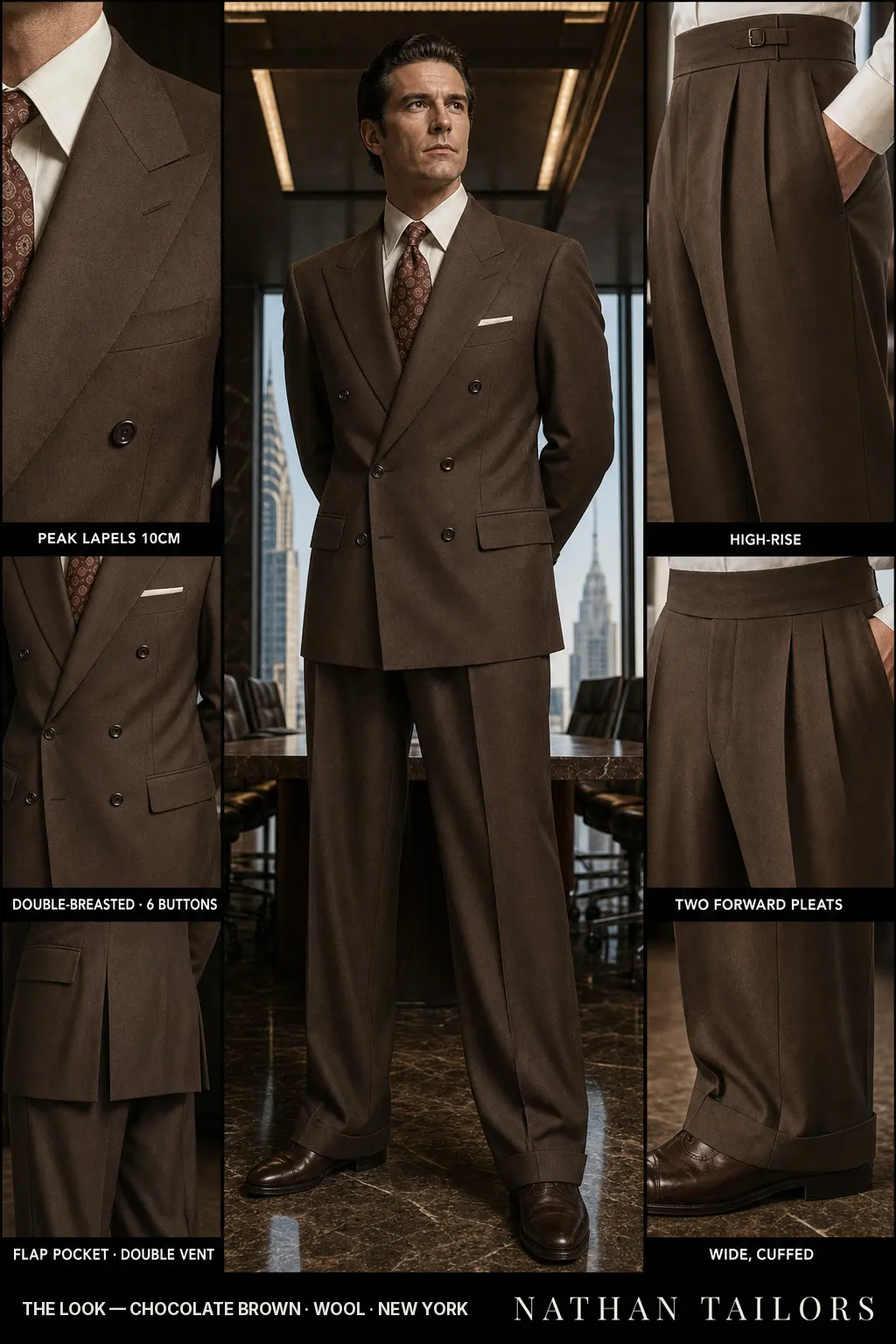 chocolate brown double-breasted peak-lapel bespoke suit โ AI-rendered by Nathan Tailors, the Hoi An custom tailor. Available as a custom tailored suit from $149.