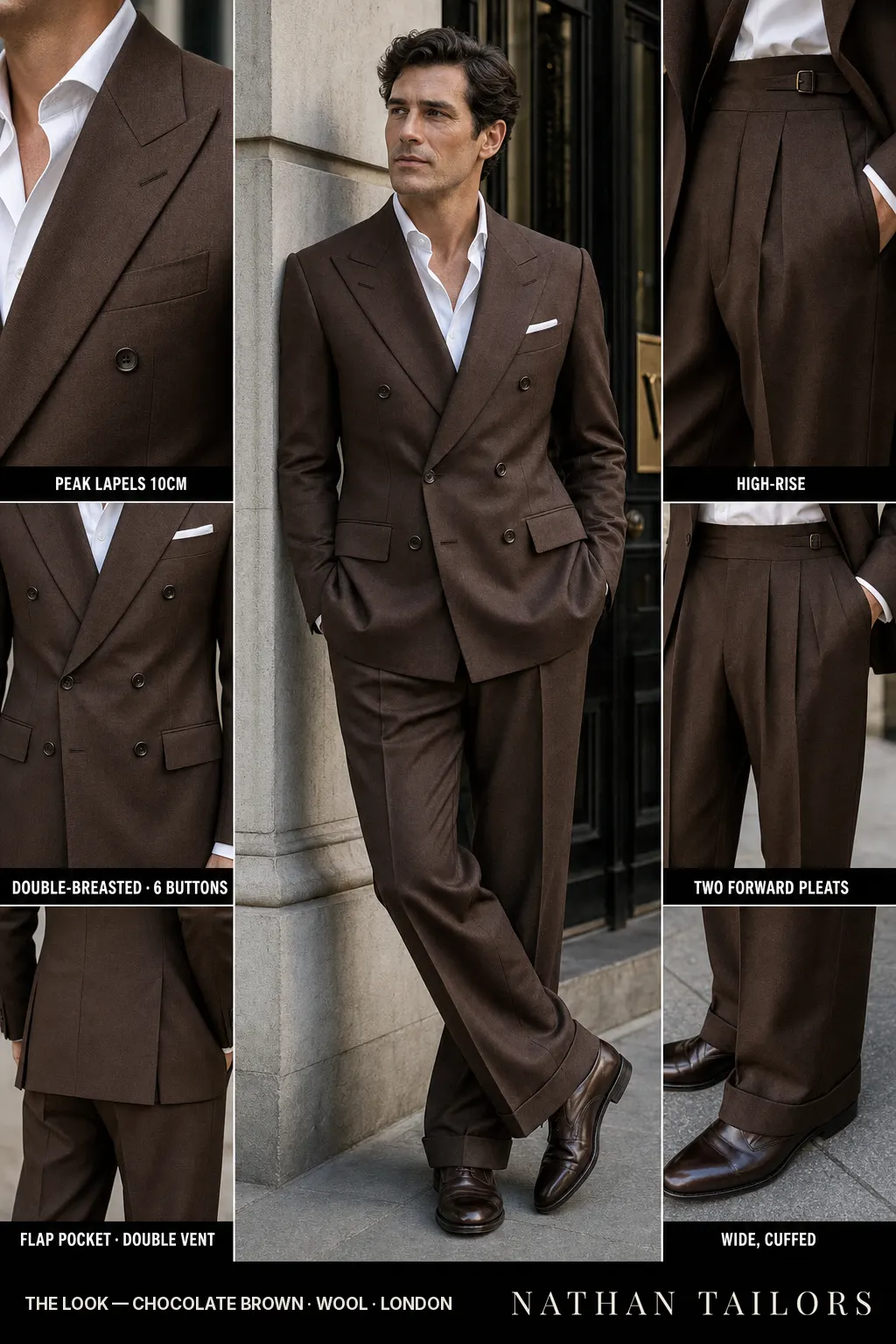 chocolate brown double-breasted peak-lapel bespoke suit — AI-rendered by Nathan Tailors, the Hoi An custom tailor. Available as a custom tailored suit from $149.