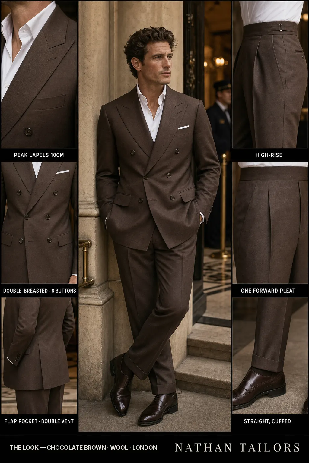 chocolate brown double-breasted peak-lapel bespoke suit — AI-rendered by Nathan Tailors, the Hoi An custom tailor. Available as a custom tailored suit from $149.