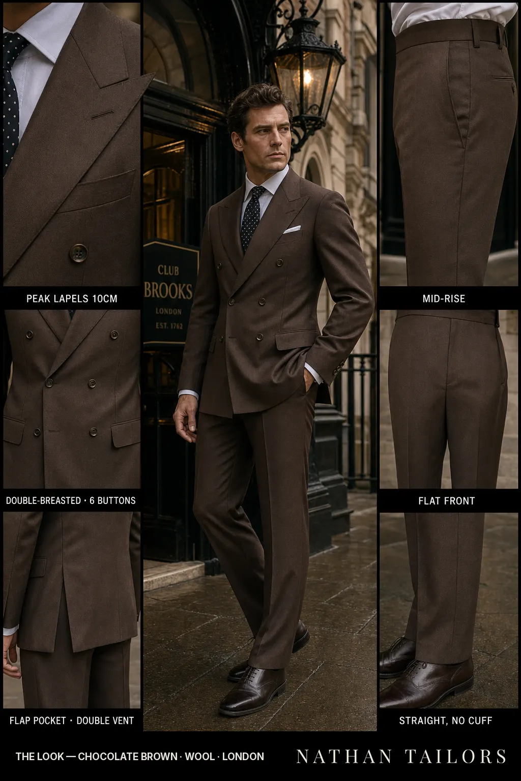 chocolate brown double-breasted peak-lapel bespoke suit โ AI-rendered by Nathan Tailors, the Hoi An custom tailor. Available as a custom tailored suit from $149.
