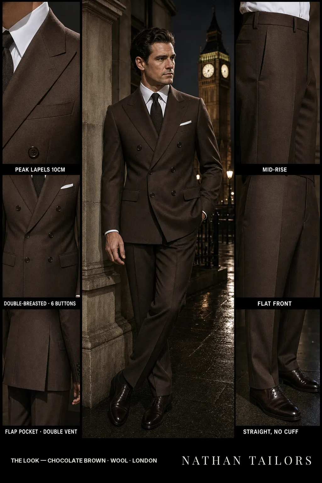 chocolate brown double-breasted peak-lapel bespoke suit โ AI-rendered by Nathan Tailors, the Hoi An custom tailor. Available as a custom tailored suit from $149.
