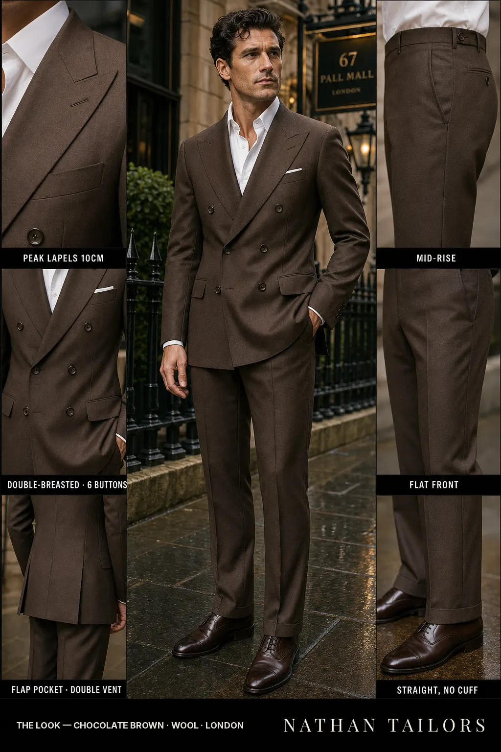 chocolate brown double-breasted peak-lapel bespoke suit — AI-rendered by Nathan Tailors, the Hoi An custom tailor. Available as a custom tailored suit from $149.