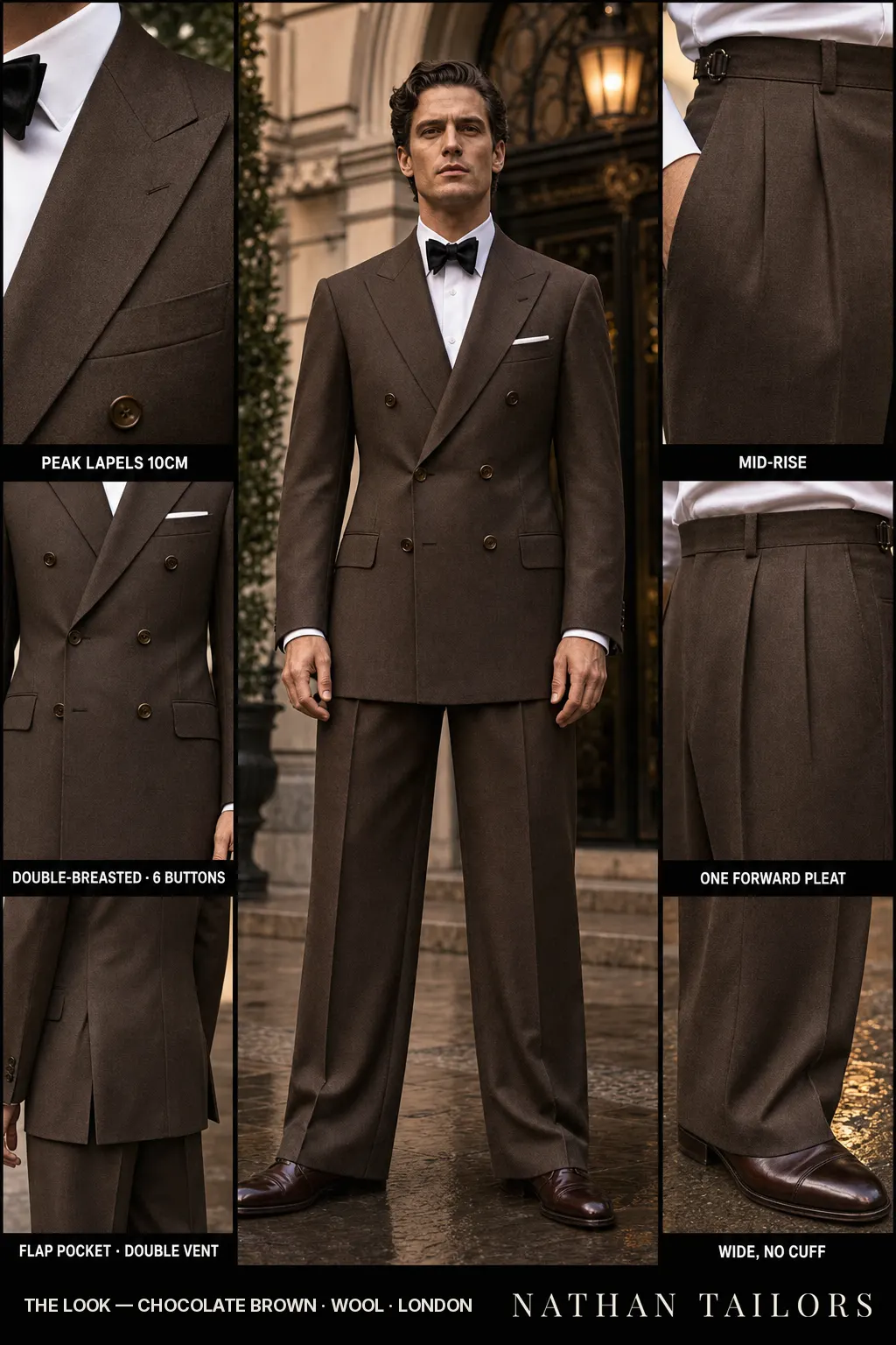 chocolate brown double-breasted peak-lapel bespoke suit — AI-rendered by Nathan Tailors, the Hoi An custom tailor. Available as a custom tailored suit from $149.