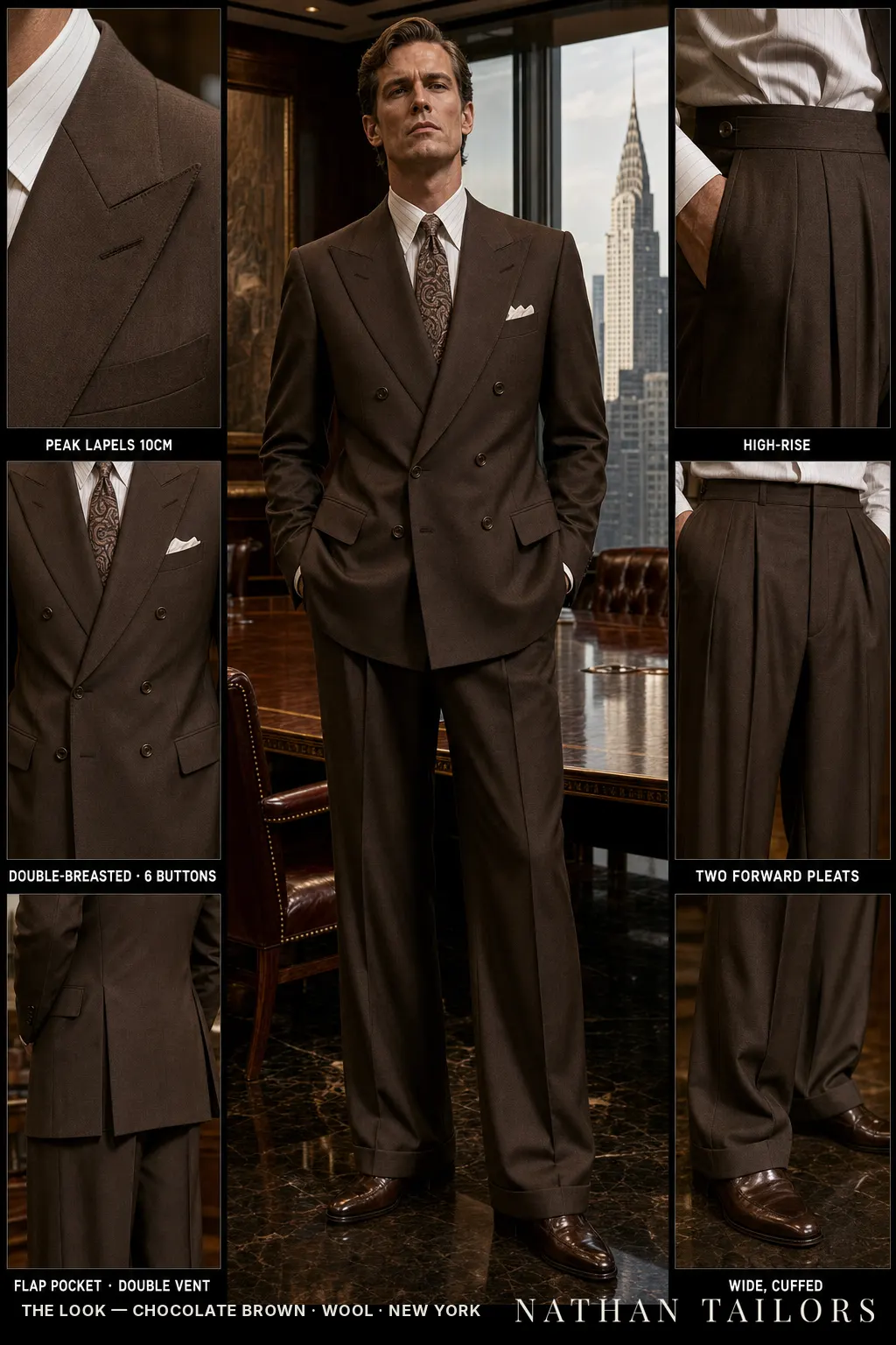 chocolate brown double-breasted peak-lapel bespoke suit — AI-rendered by Nathan Tailors, the Hoi An custom tailor. Available as a custom tailored suit from $149.