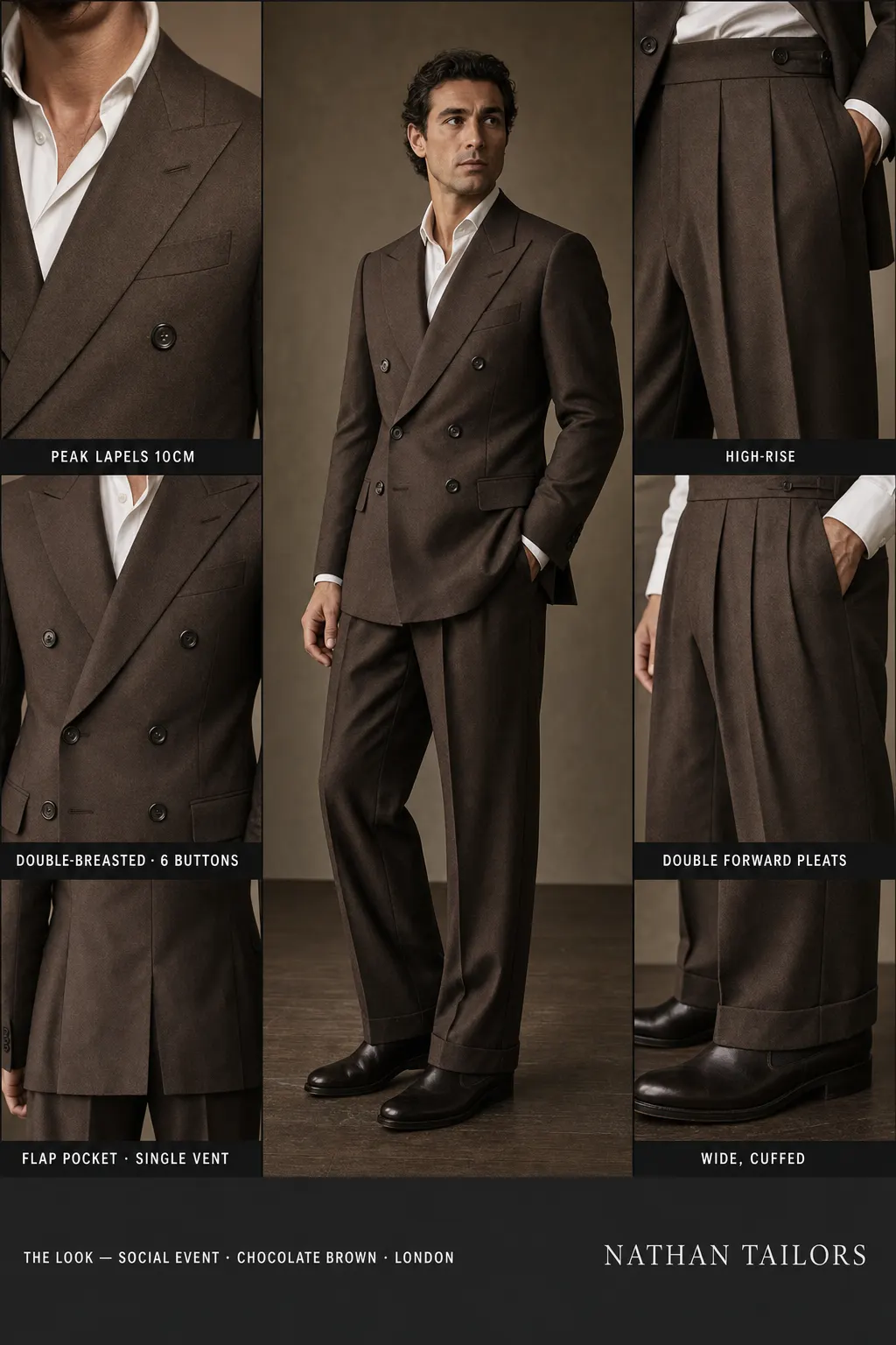 chocolate brown double-breasted peak-lapel bespoke suit โ AI-rendered by Nathan Tailors, the Hoi An custom tailor. Available as a custom tailored suit from $149.