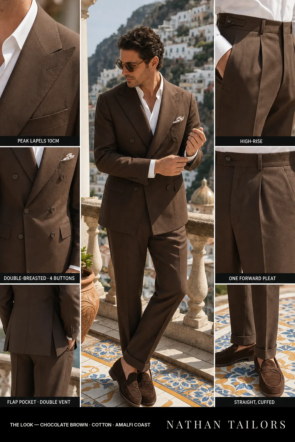 chocolate brown double-breasted peak-lapel bespoke suit โ AI-rendered by Nathan Tailors, the Hoi An custom tailor. Available as a custom tailored suit from $169.