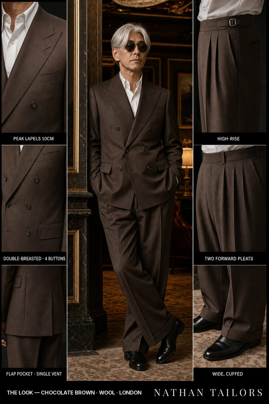 chocolate brown double-breasted peak-lapel bespoke suit — AI-rendered by Nathan Tailors, the Hoi An custom tailor. Available as a custom tailored suit from $149.