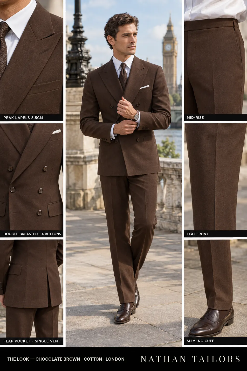 chocolate brown double-breasted bespoke suit โ custom tailored by Nathan Tailors, the Hoi An custom tailor
