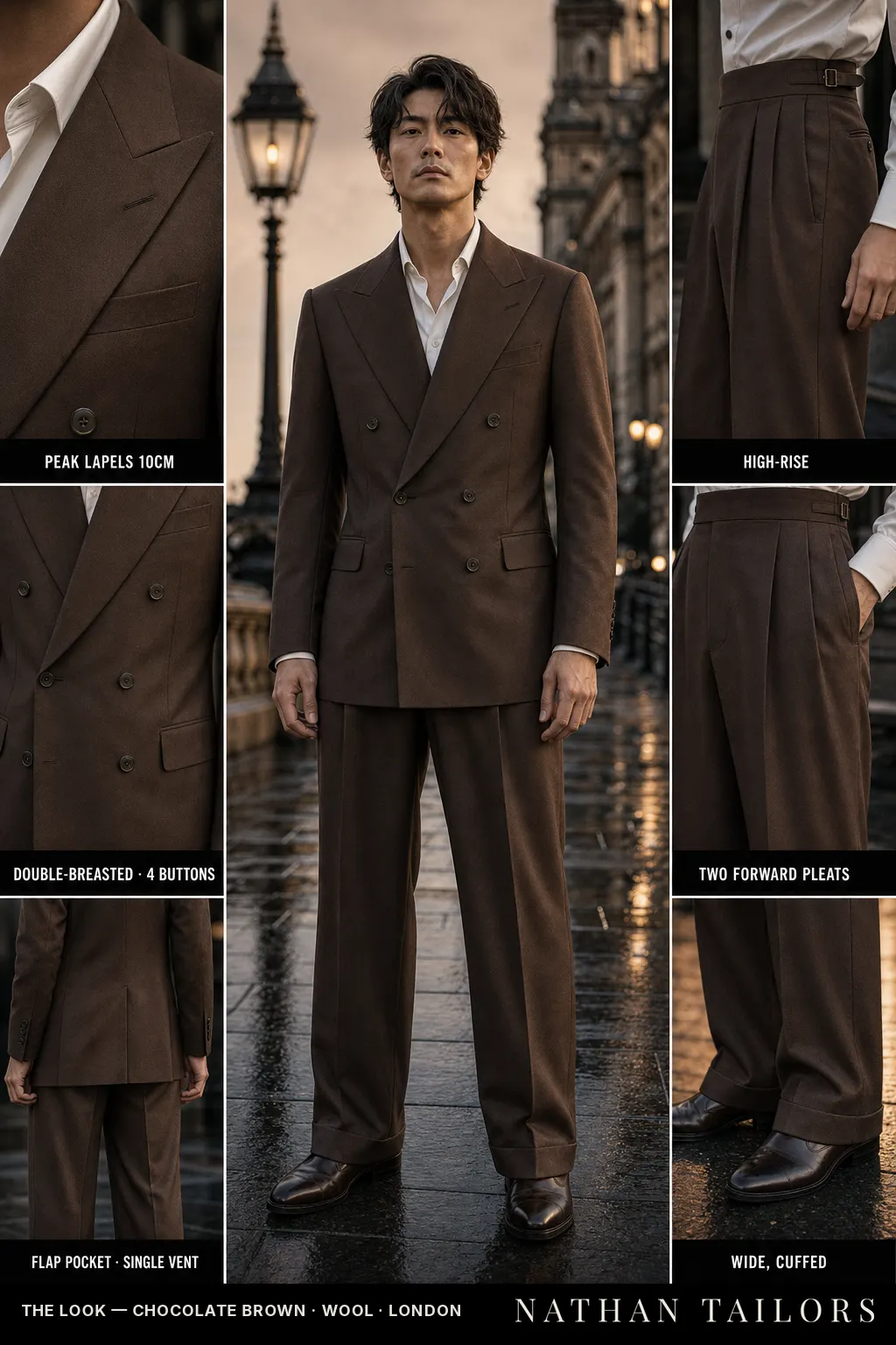 chocolate brown double-breasted peak-lapel bespoke suit โ AI-rendered by Nathan Tailors, the Hoi An custom tailor. Available as a custom tailored suit from $149.