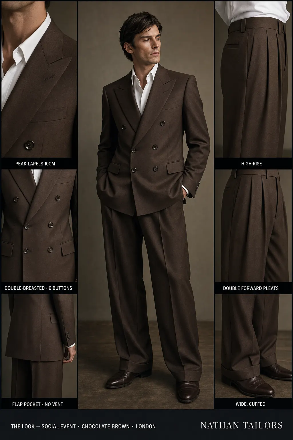 chocolate brown double-breasted peak-lapel bespoke suit โ AI-rendered by Nathan Tailors, the Hoi An custom tailor. Available as a custom tailored suit from $149.