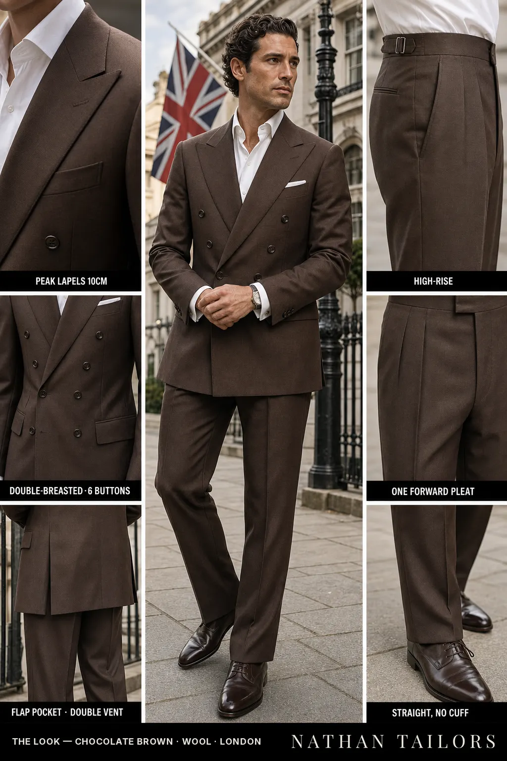 chocolate brown double-breasted peak-lapel bespoke suit โ AI-rendered by Nathan Tailors, the Hoi An custom tailor. Available as a custom tailored suit from $149.