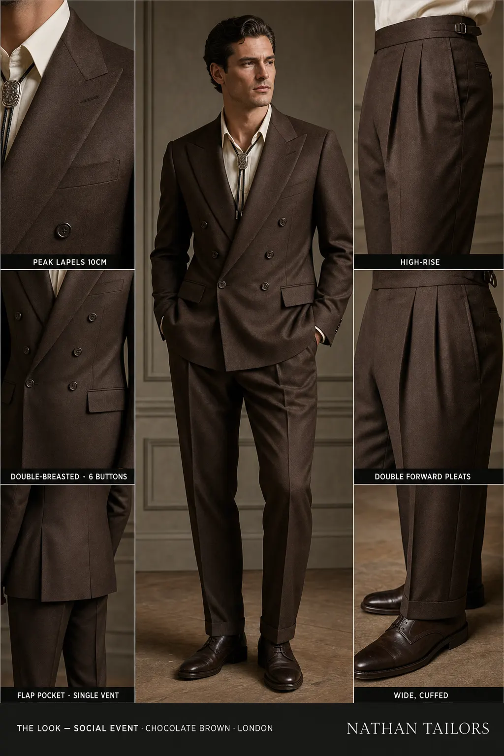 chocolate brown double-breasted peak-lapel bespoke suit — AI-rendered by Nathan Tailors, the Hoi An custom tailor. Available as a custom tailored suit from $149.